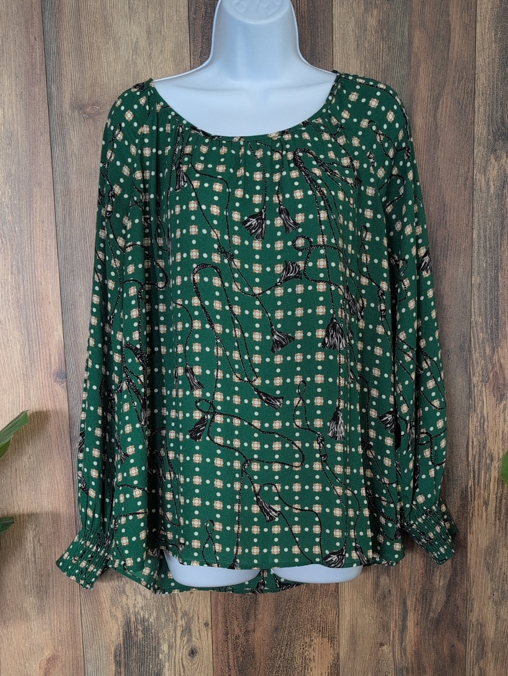 CAbi Green Printed Long-Sleeve Peasant Top Blouse XL             AC123